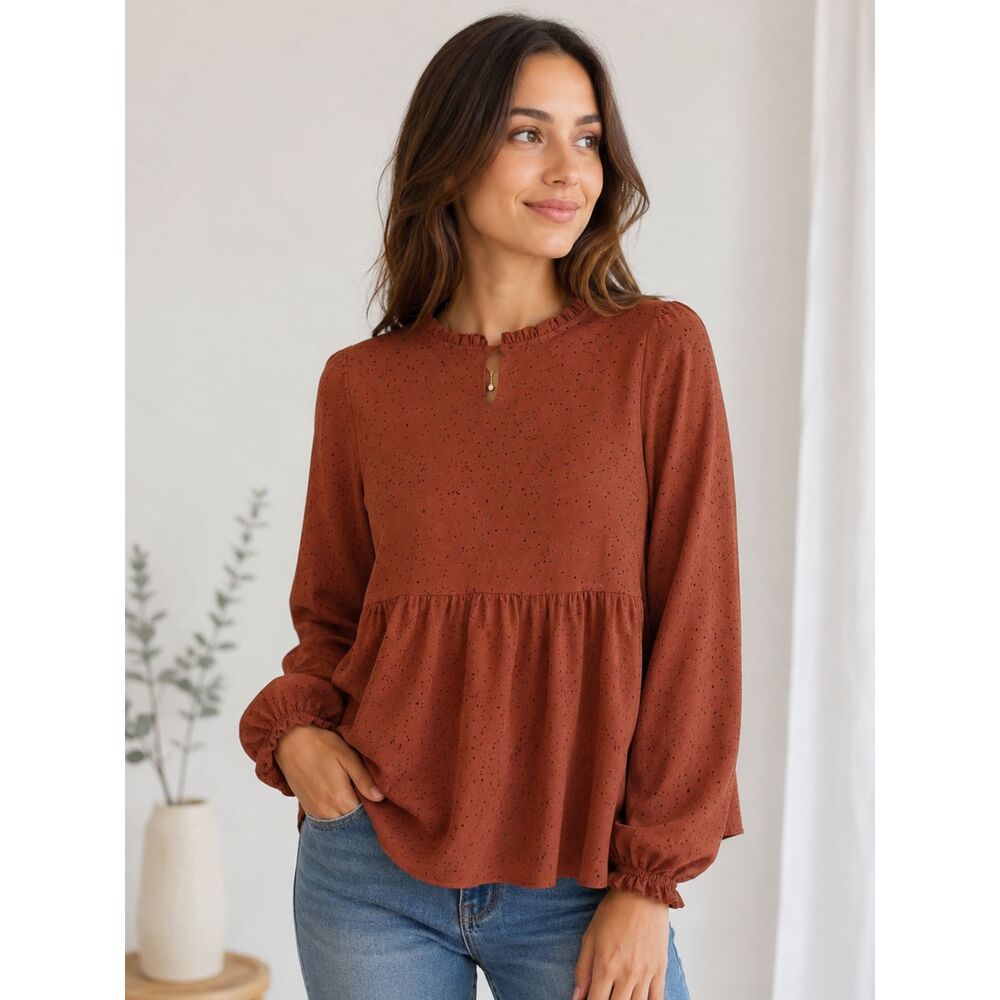 Hailey & Co. Women's Size Large Rust Speckled Peplum Blouse Long Sleeve Top